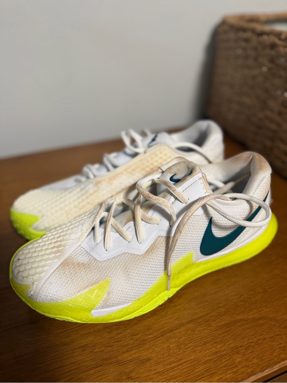 Nike Kids White Sneakers with Neon Yellow and Teal Swoosh